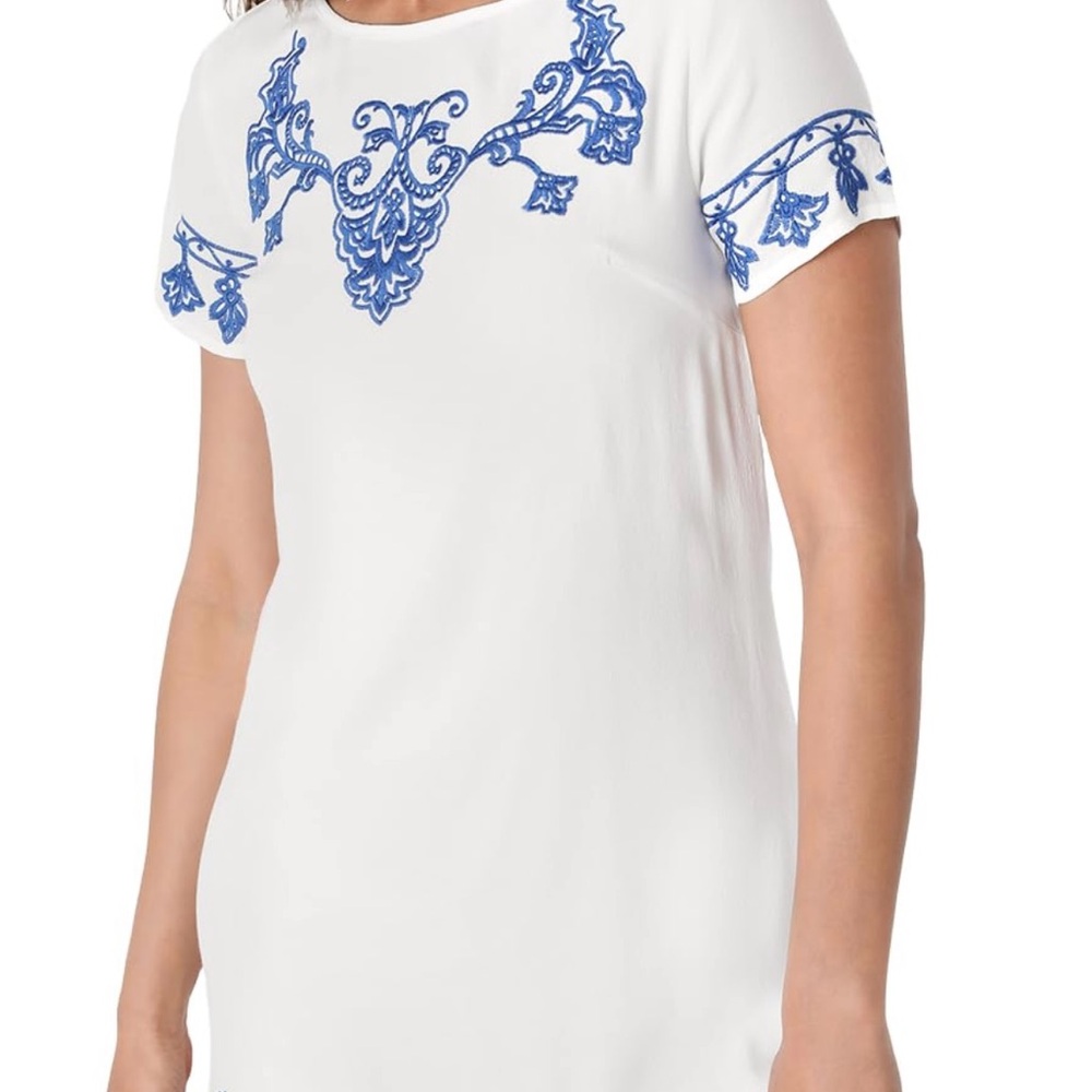 Lulu's White Short Sleeve Tee with Blue Embroidered Detail